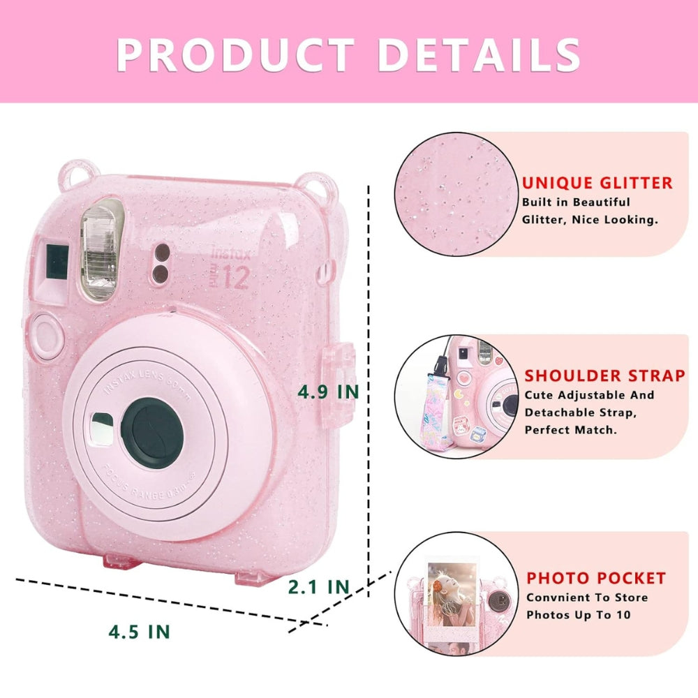 Pikxi 3-in-1 Transparent Glitter Instant Camera Case for FUJIFILM Instax Mini 12 Film Cameras with Cartoon Patch Sticker Set and Body Strap