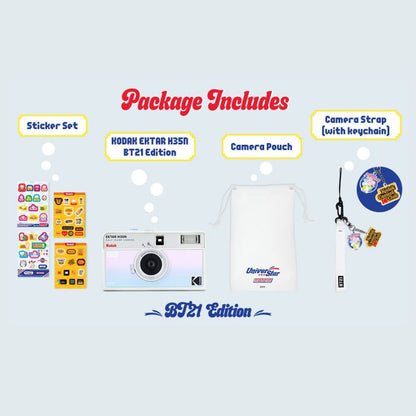 [CLEARANCE] KODAK EKTAR H35N x BT21 Limited Edition 35mm Half-Frame Reusable Film Camera Package with BTS Line Friends Kpop Special Collaboration Sticker Set, Carry Pouch, Wrist Strap Keychain, and Built-In Star Filter for Alog Photography