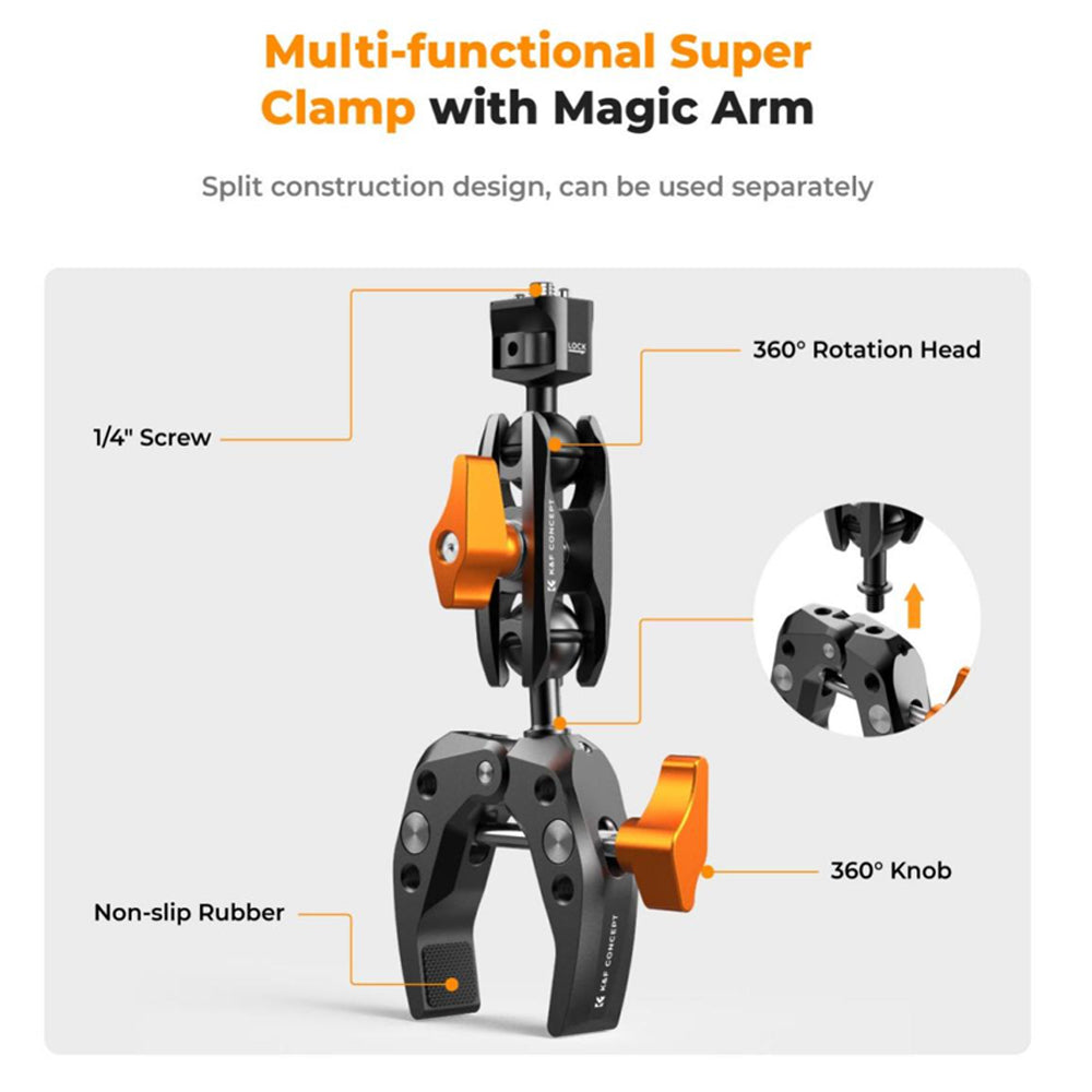 K&F Concept MS13 Super Clamp & Magic Arm Mount with Multiple 1/4" Attachment Threads & Dual Ball Heads for Digital Camera Cage Monitor Video Light Smartphone Holder to Motorcycle Bicycle Handle Bar Tripod Light Stand Pole | MS15 + MS14