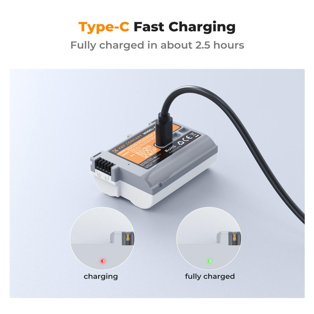 K&F Concept EN-EL15C Battery (2600mAh) Fully Decoded with USB Type-C Direct Charging for Nikon Z5, Z6, Z6 II, Z7, Z7 II, Z8, Zf, 1 V1, D500, D600, D610, D750, D780, D800, D810, D810A, D850, D7000, D7100, D7200, D7500 Cameras | ENEL15C