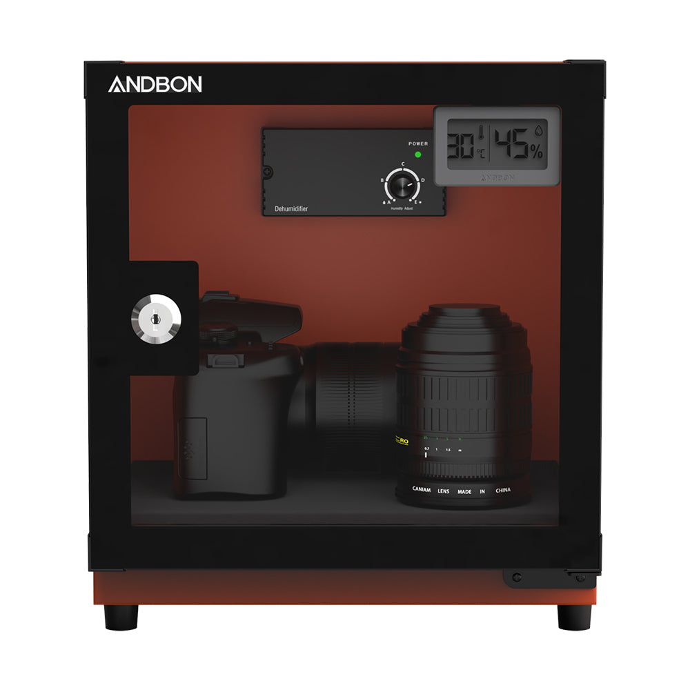 Andbon AB-18C 18L Electronic Dry Cabinet Moisture Proof Dehumidifying Box with 30-60%RH, Noiseless, Analog Digital LCD Display, Controller Knobs and Key Lock Security for DSLR Mirrorless Cameras & Lens Lenses | Metallic Grey, Silver Black, Amber Orange