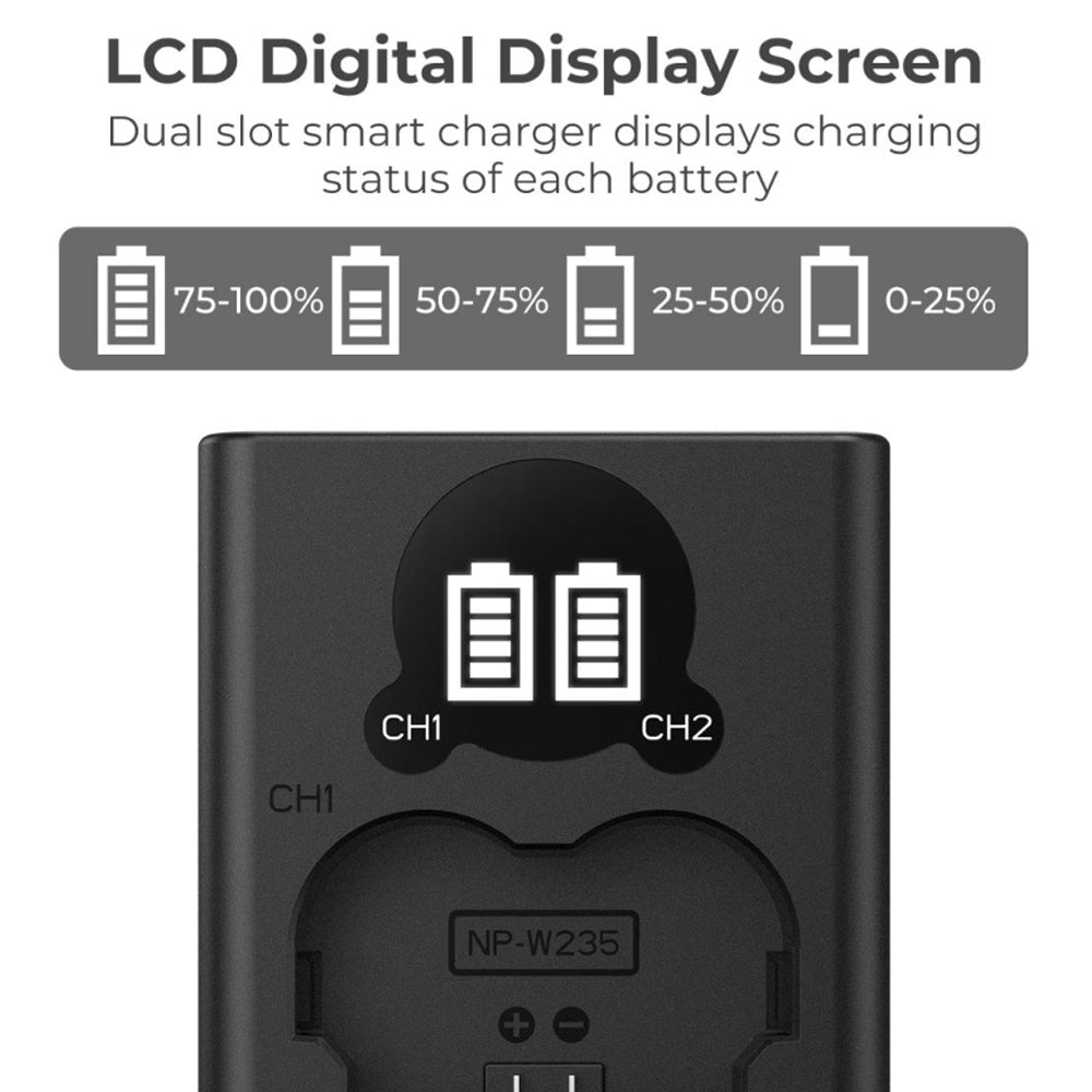 K&F Concept NP-W235 Dual Battery Charger with LCD Screen Indicator and USB A to Type C Charging Cable for FUJIFILM X-T5, X-T4, GFX 100S, X-H2S, GFX 50S II, VG-XT4, etc. Digital Camera Photography
