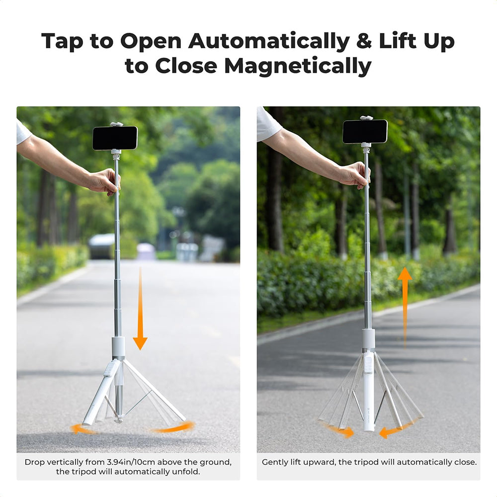 K&F Concept Rotatable Automatic Tripod Selfie Stick with 9-Button Bluetooth Remote, 68.9" (157cm) Max Height, Cold Shoe Mount, Quick Open & Fold Magnetic Legs for Smartphone Live Streaming Travel & Content Creation - White, Black