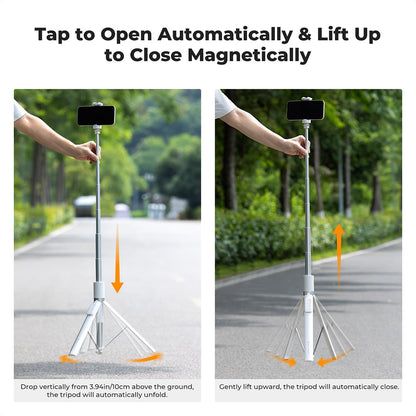 K&F Concept Rotatable Automatic Tripod Selfie Stick with 9-Button Bluetooth Remote, 68.9" (157cm) Max Height, Cold Shoe Mount, Quick Open & Fold Magnetic Legs for Smartphone Live Streaming Travel & Content Creation - White, Black