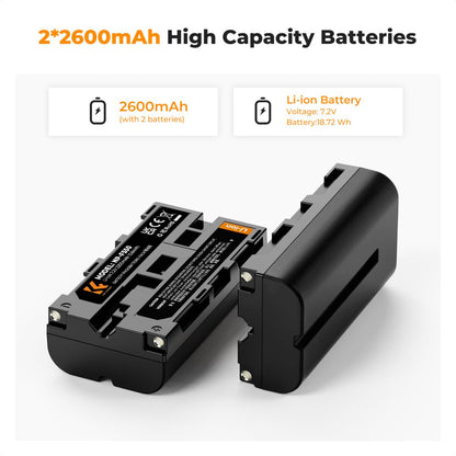 K&F Concept NP-F550 2pcs (2-Pack) 2200mAh Battery + Dual Bay Charger Set Kit, Fully Decoded, USB Type-C / Micro USB Ports for Sony Camcorders
