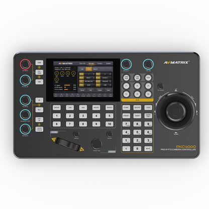 AVMatrix PKC4000-NDI IP Serial PTZ Camera Joystick Controller 5" Touchscreen Display, IP / 4S-422 / RS-485 / RS-232 Controls, Max 100 Camera Input and 255 Presets, Track Record + Playback, VISCA VISCA-IP ONVIF PELCO P&D Protocols