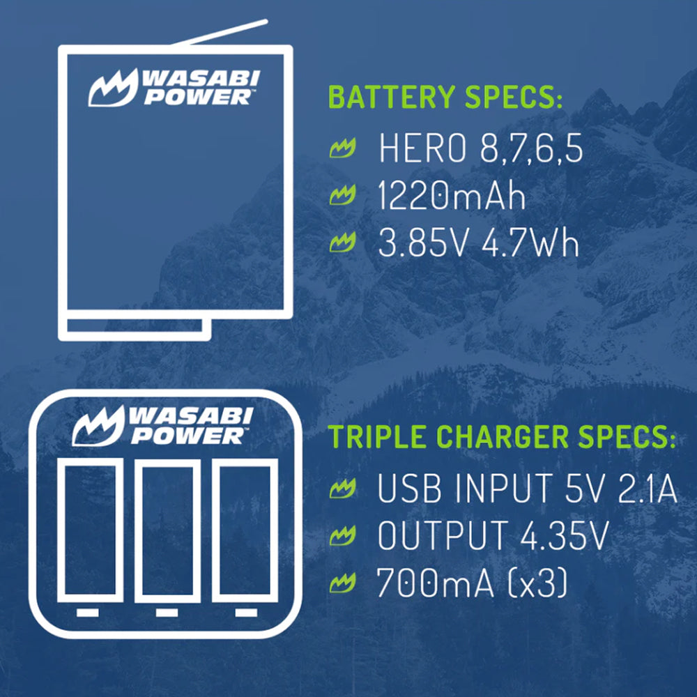 Wasabi Power Battery for GoPro HERO8 and Triple Charger Compatible with HERO8 BLACK, HERO7 BLACK, HERO6, HERO5