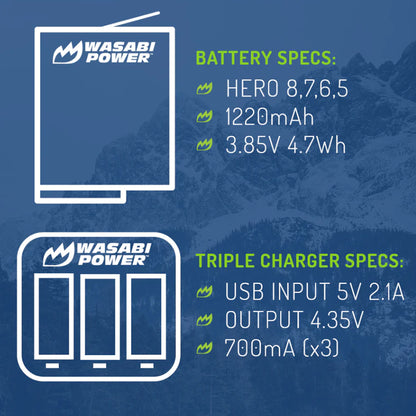 Wasabi Power Battery for GoPro HERO8 and Triple Charger Compatible with HERO8 BLACK, HERO7 BLACK, HERO6, HERO5