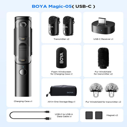 BOYA MAGIC-02 / MAGIC-05 Transformable Al-Powered Mini Wireless Lavalier Microphone Kit w/ USB-C, Lightning and 3.5mm TRS Receivers, AI Noise Reduction, 30Hrs Total Battery Life & 100M LOS Range — Versatile for Professional & Personal Use