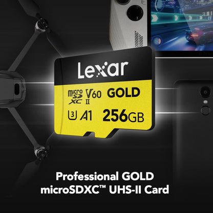 Lexar Professiol 256GB 128GB Gold MicroSDXC SDXC UHS-II V60 A1 U3 Class 10 Micro SD Card with 4K UHD Video RAW Photo Shutter Burst Support, Max 280MB/s Read Speeds for Cameras and Android Devices