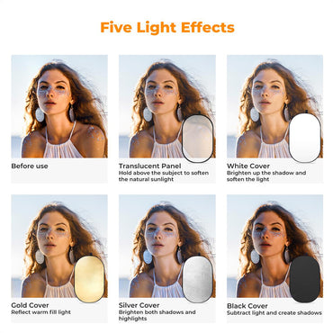 K&F Concept 24" x 36" / 40" x 60" 5-in-1 Oval Shape Light Diffusion Foldable Reflector with Multiple Reflective Color Effects, White Translucent Soft Light and Silver, Black, Gold Sided Panel for Outdoor Indoor Camera Photo Shoot