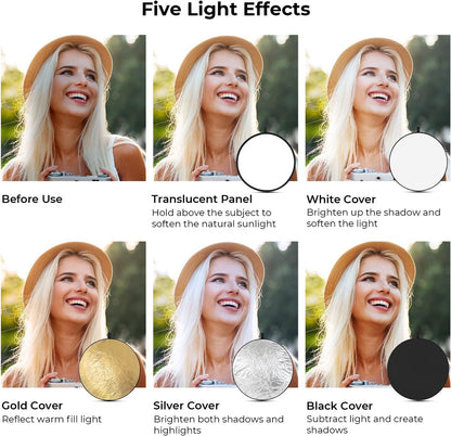K&F Concept 110cm / 80cm / 60cm / 56cm 5-in-1 Collapsible Photography Circular Reflector with White Translucent Soft Light and Silver, Black, Gold Sided Panel for Portable Outdoor and Indoor Digital Camera Photo Shoot