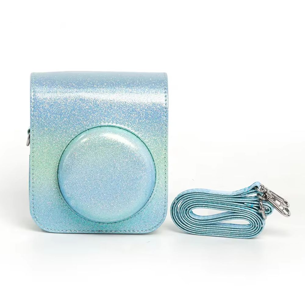 Pikxi Glitter Gradient Style Protective Leather Case Bag for FUJIFILM Instax Mini 12 Instant Film Camera with Body Strap - Available in Blue-Pink, Blue-Green, Pink-Purple and Rainbow Colors