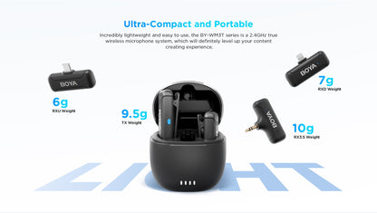 BOYA BY-WM3T-U2 2 Person 2.4GHz Dual Channel USB Type-C Wireless Omnidirectional Microphone System with Noise Cancellation, Bypass Charging, 100m Max Range, Plug and Play For Vlogging and interviews
