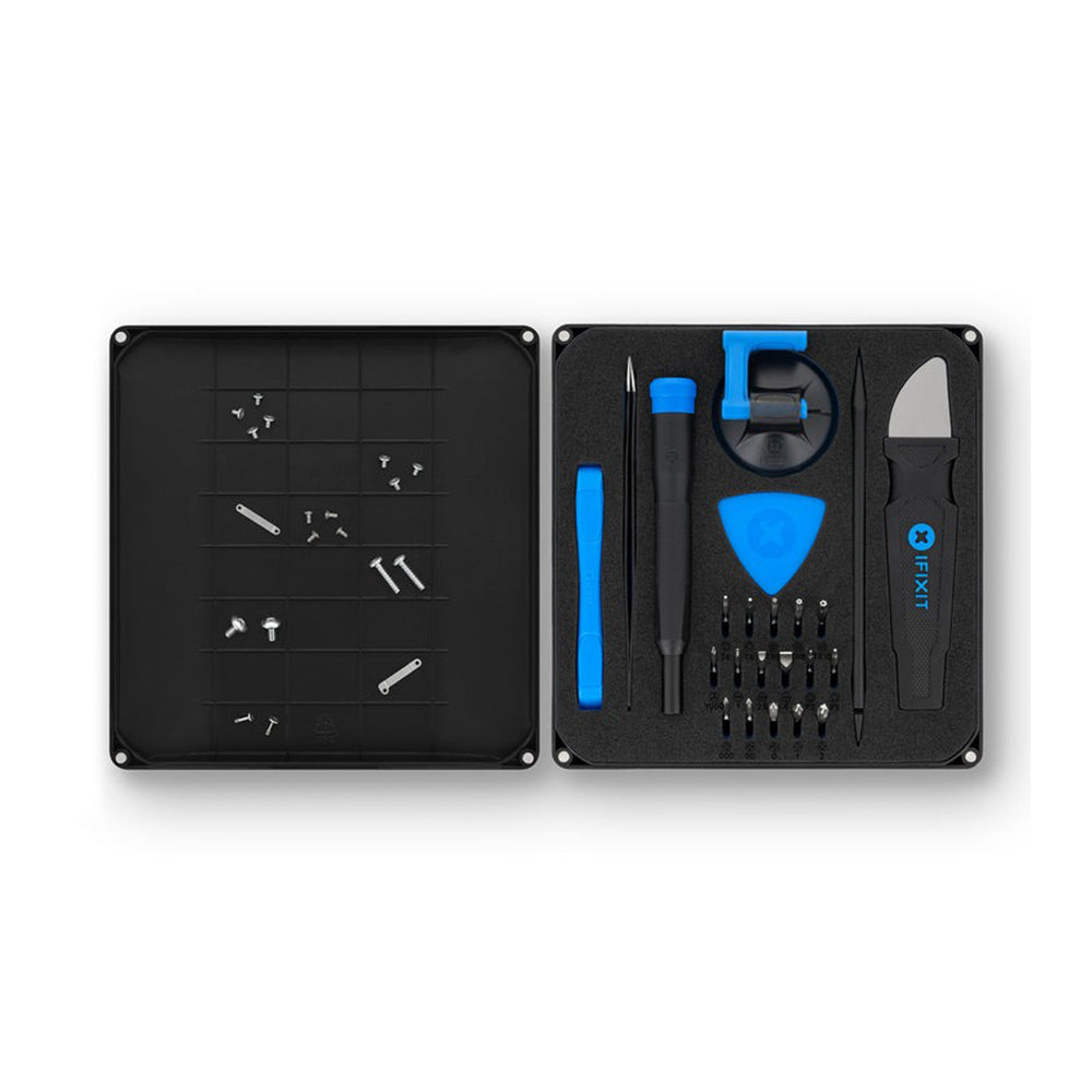 iFixit Essential Electronics Tool Kit with 16 Precision Screwdriver Bits, Magnetized Driver Handle, Integrated SIM Eject Tool, Angle Precision Tweezers, Spundger, and Suction Handle for Computers and Smartphones