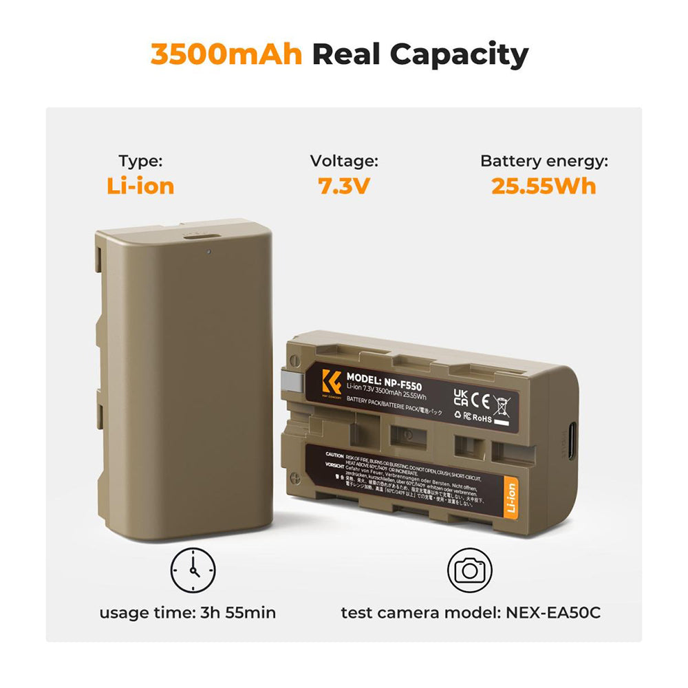 K&F Concept Sony NP-F550 NPF550 3500mAh Battery with USB Type-C Direct Fast Charging for Select Sony DCR DSC HDR HVR HXR Mavica NEX Cameras