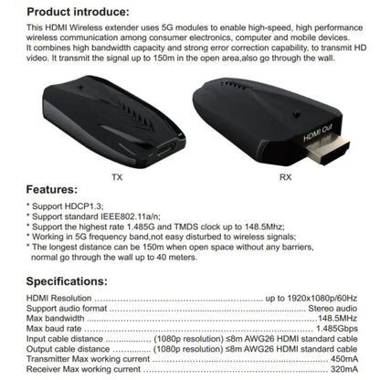 Argox 150m HDMI Wireless Extender with 1080p 60Hz, Stereo Audio, 148.5MHz of Bandwidth, 1.485Gbps of Baud Rate, 5G Frequency, and HDCP 1.3 for Home Entertainment, Digital Sigge, Conference & Presentations