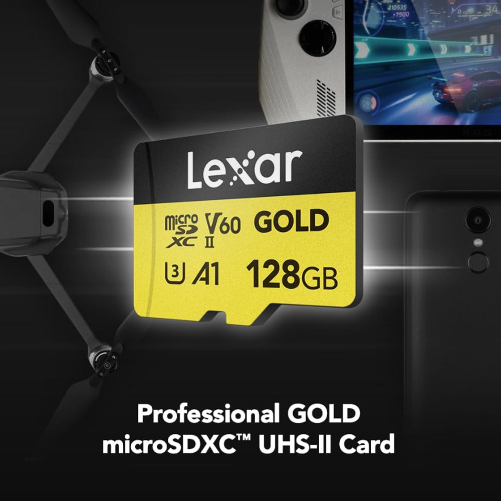 Lexar Professional 256GB 128GB Gold MicroSDXC SDXC UHS-II V60 A1 U3 Class 10 Micro SD Card with 4K UHD Video RAW Photo Shutter Burst Support, Max 280MB/s Read Speeds for Cameras and Android Devices