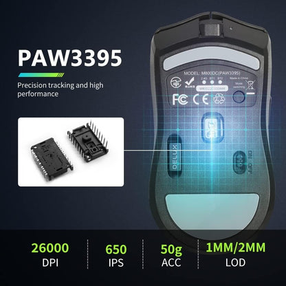 [CLEARANCE] Delux M800 PRO USB Wired / 2.4GHz and Bluetooth Wireless Optical Gaming Mouse with 26000 DPI Resolution PAW 3395 Sensor, 6 Programmable Buttons, and Up to 70 Hours Battery for PC and Laptop Computers - White