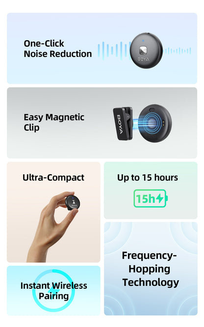 [CLEARANCE] BOYA Omic-U 2 Person Dual Channel 2.4GHz Wireless Omnidirectional Microphone System USB Type-C w/ 50m Max Range, HD Audio & Noise Cancellation, Detachable Magnetic Belt Clip and Wireless Charging Case for Vlogging