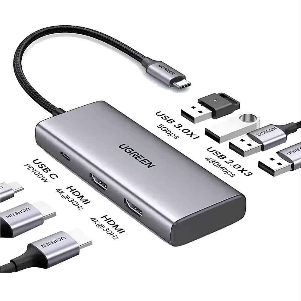 UGREEN 7-in-1 USB-C Hub with Dual HDMI 4K 30Hz, 100W PD, 5Gbps USB-A 3.0 and USB 2.0 Ports | CM498