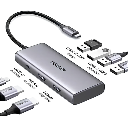 UGREEN 7-in-1 USB-C Hub with Dual HDMI 4K 30Hz, 100W PD, 5Gbps USB-A 3.0 and USB 2.0 Ports | CM498