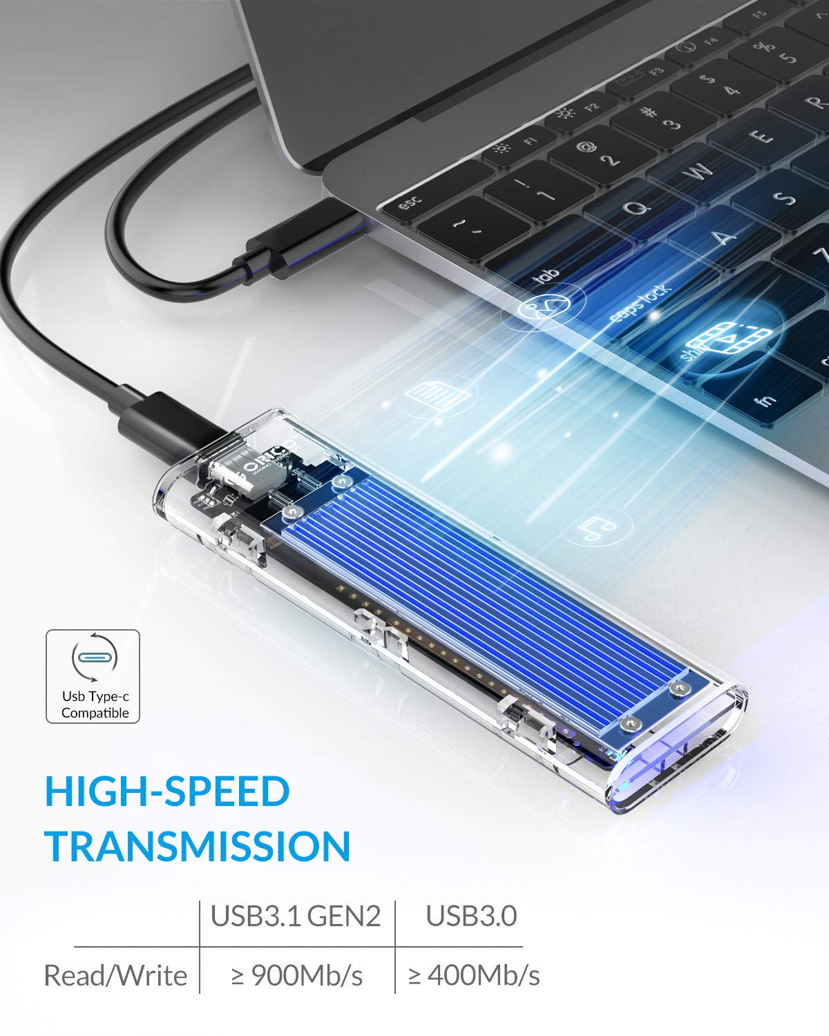[CLEARANCE] ORICO M.2 NVMe SSD Solid State Drive Transparent Enclosure with USB 3.1 Type-C Output, 10Gbps Transfer Rate, 2TB Max Capacity for Windows, Mac OS, Linux | TCM2-C3