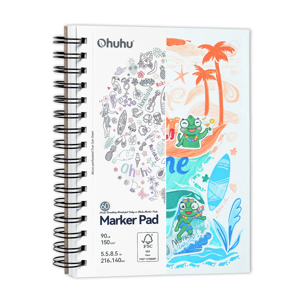 Ohuhu Marker Pads 60 Sheets Double-Sided Bleedproof Pages Acid-Free & Eco-Friendly Paper Spiral-Bound Drawing Pad for Kids & Adults Artworks Illustration Professional School Art Projects Supplies Stationery