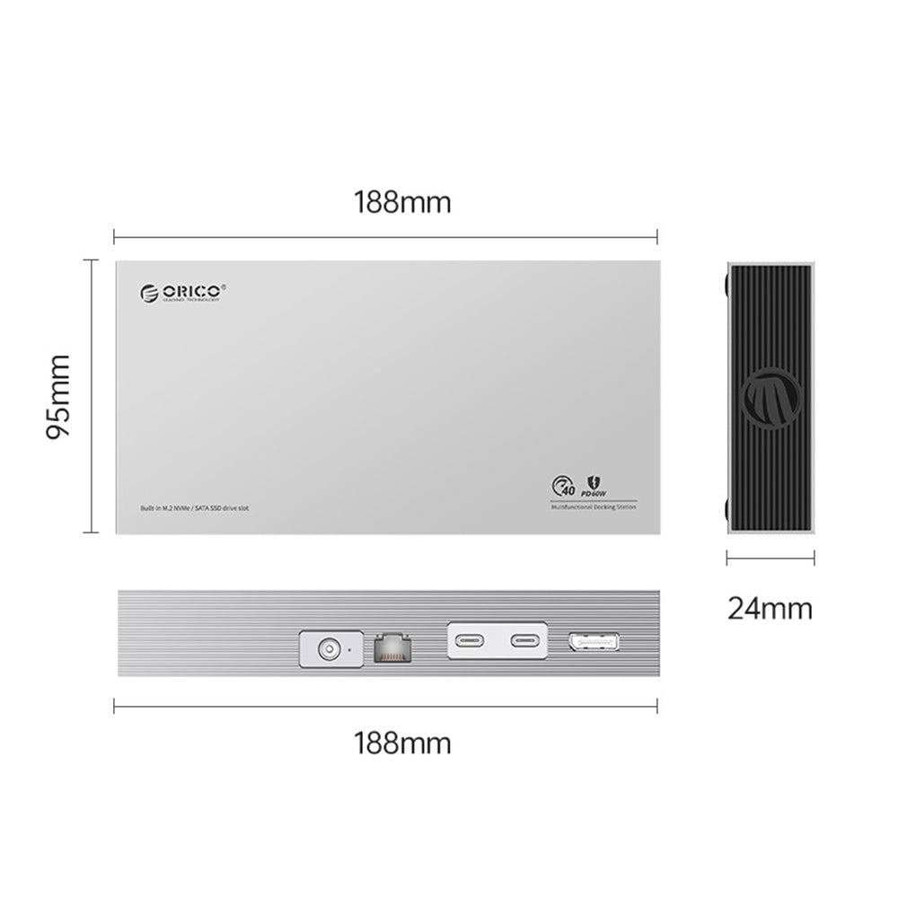 ORICO 11-in-1 Thunderbolt 3 40Gbps Type-C Docking Station with Dual-Bay M.2 NVMe SATA SSD Enclosure, DP 8K@30Hz Video Converter, RJ45 1000Mbps, USB-C/A Hub 10Gbps, PD 60W, 3.5mm Audio/Mic - Supports Windows & macOS PCs, Computers, Laptops