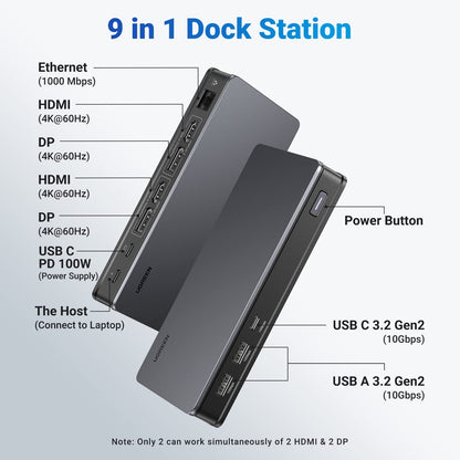 [CLEARANCE] UGREEN Revodok Pro 9-in-1 Multifunctional Docking Station with 100W USB C PD Fast Charger, 4K 60Hz HDMI & DisplayPort Video Output, 1000Mbps RJ45 Gigabit Ethernet Port, USB 3.0 10Gbps Transfer Rate for PC, Laptop, TV, Monitor | 90912