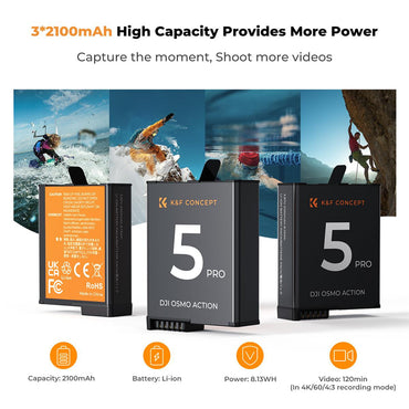 K&F Concept 3-Pack DJI Osmo Action 5 Pro / 4 / 3 Camera Battery & Triple-Slot Charger Kit with 2100mAh Capacity, LED Light Indicator, USB-C Charging Cable & Port