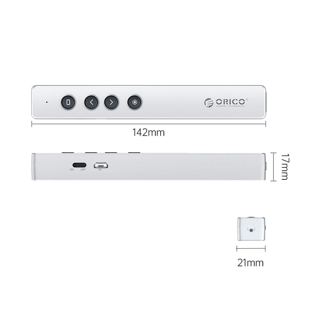 [CLEARANCE] ORICO 2.4GHz Wireless 180mAh Rechargeable Presentation Remote Clicker Pointer with 50m Control Range, 3R Class Laser, Magnetic USB Receiver for Windows, macOS, Linux, Android, Conference Presentation (Silver) | OPPT-06
