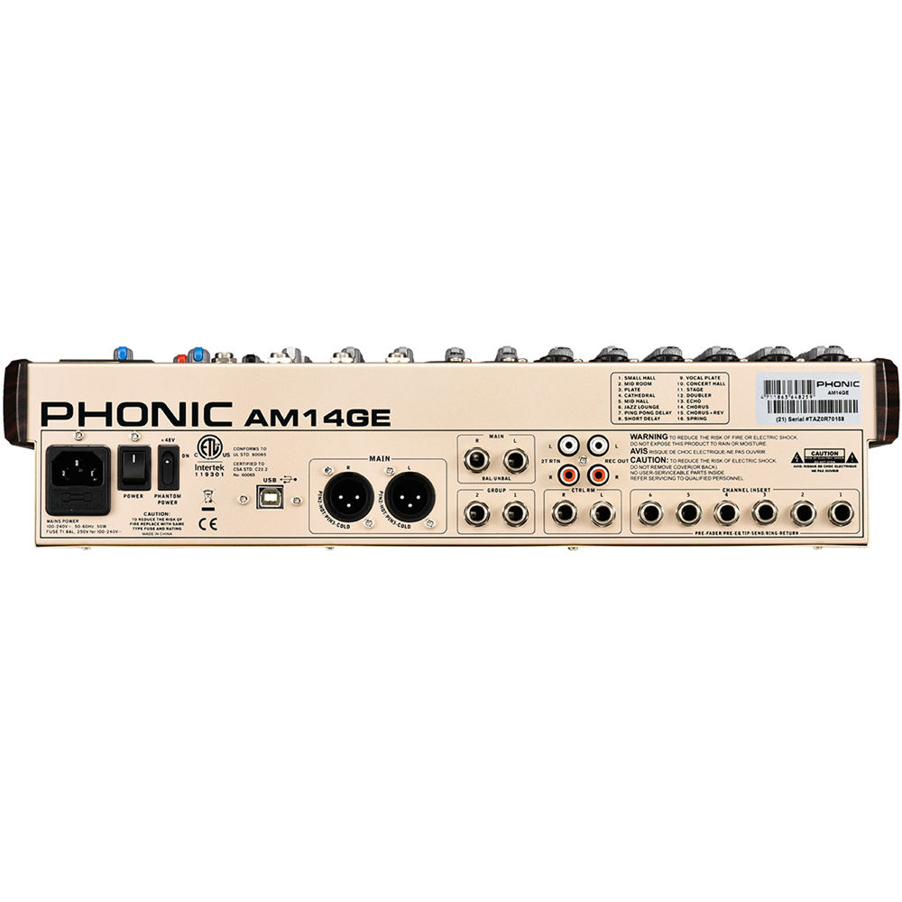 Phonic AM-14GE Gold Edition Compact Mixer with 6 Mono Channels, 2.4GHz Wireless Bluetooth Streaming, +48 VDC Phantom Power, 4-Stereo Input 2-Group Mixer with DFX, TF Recorder, and USB Interface