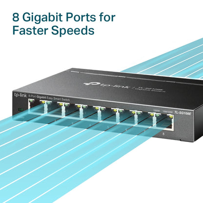 TP-Link TL-SG108E 8-Port Gigabit Easy Smart Switch 8x 10/100/1000Mbps RJ45 Ethernet Ports with 16Gbps Switching Capacity, 4K MAC Address Table, MTU/Port/Tag-based VLAN, QoS, IGMP Snooping, Web/Utility Management