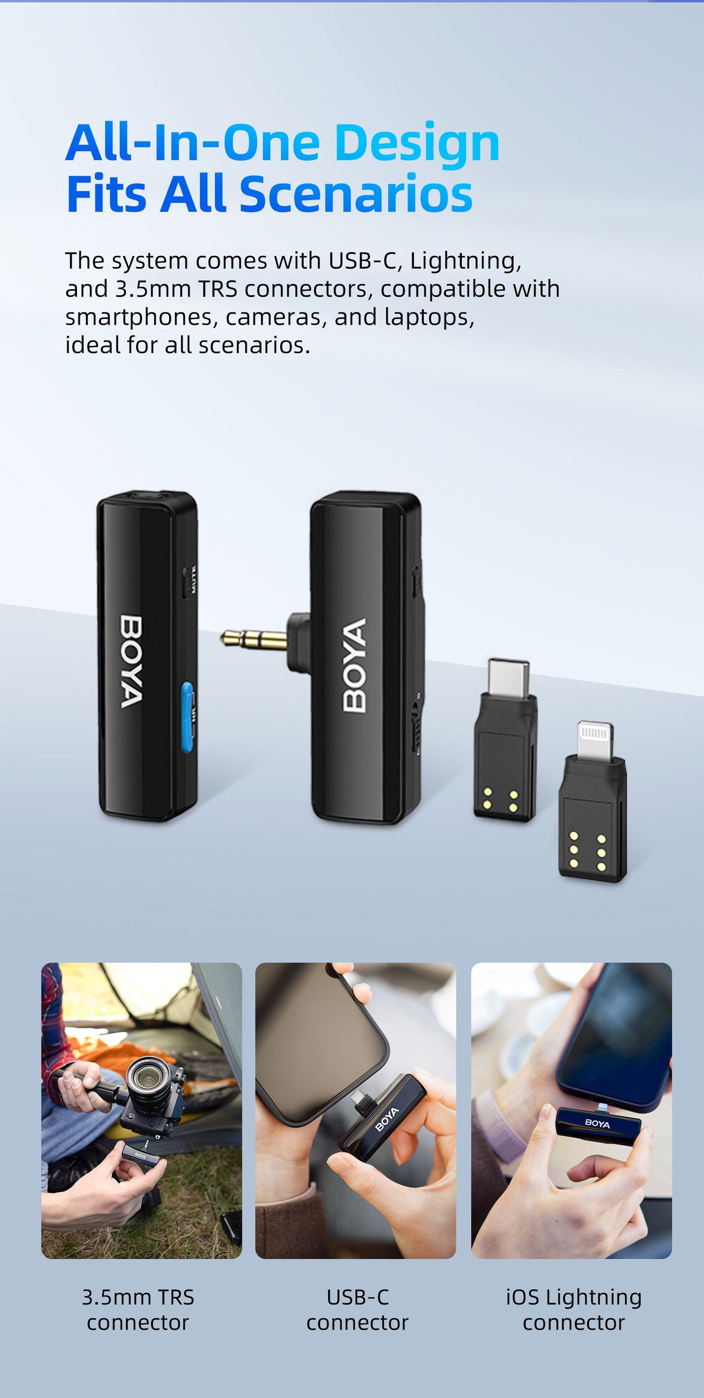 BOYA Boyalink A1 / A2 Multicompatible 2.4GHz Wireless Omnidirectional Microphone System w/ USB Type-C, Lightning, 3.5mm TRS Connectors, Bypass Charging, Noise Reduction, Gain Control, Mono / Stereo, 100M Max Range for Vlogging, Interviews
