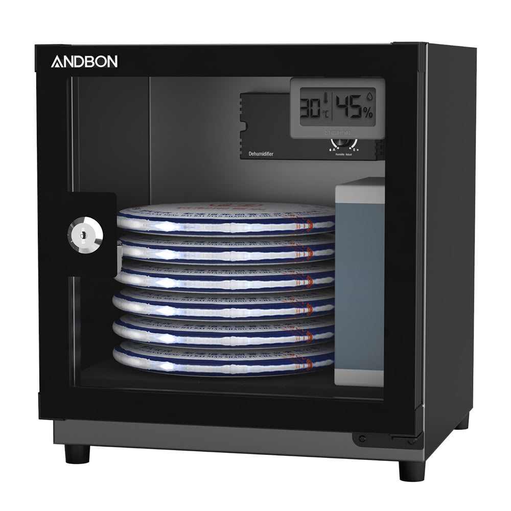 Andbon AB-18C 18L Electronic Dry Cabinet Moisture Proof Dehumidifying Box with 30-60%RH, Noiseless, Analog Digital LCD Display, Controller Knobs and Key Lock Security for DSLR Mirrorless Cameras & Lens Lenses | Metallic Grey, Silver Black, Amber Orange