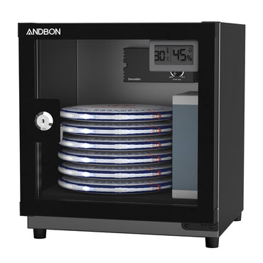 Andbon AB-18C 18L Electronic Dry Cabinet Moisture Proof Dehumidifying Box with 30-60%RH, Noiseless, Analog Digital LCD Display, Controller Knobs and Key Lock Security for DSLR Mirrorless Cameras & Lens Lenses | Metallic Grey, Silver Black, Amber Orange