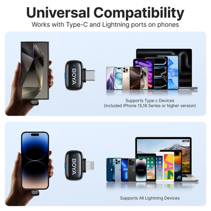 Boya Mini 2-Person Dual TX + RX 2.4GHz Wireless Microphone System Transmitter + Receiver USB Type-C / Lightning Ports / 3.5mm TRS, 100m Max Range, 3 Level AI Noise Reduction, 30Hrs Battery Life for Vlog Vlogging, Content Creation