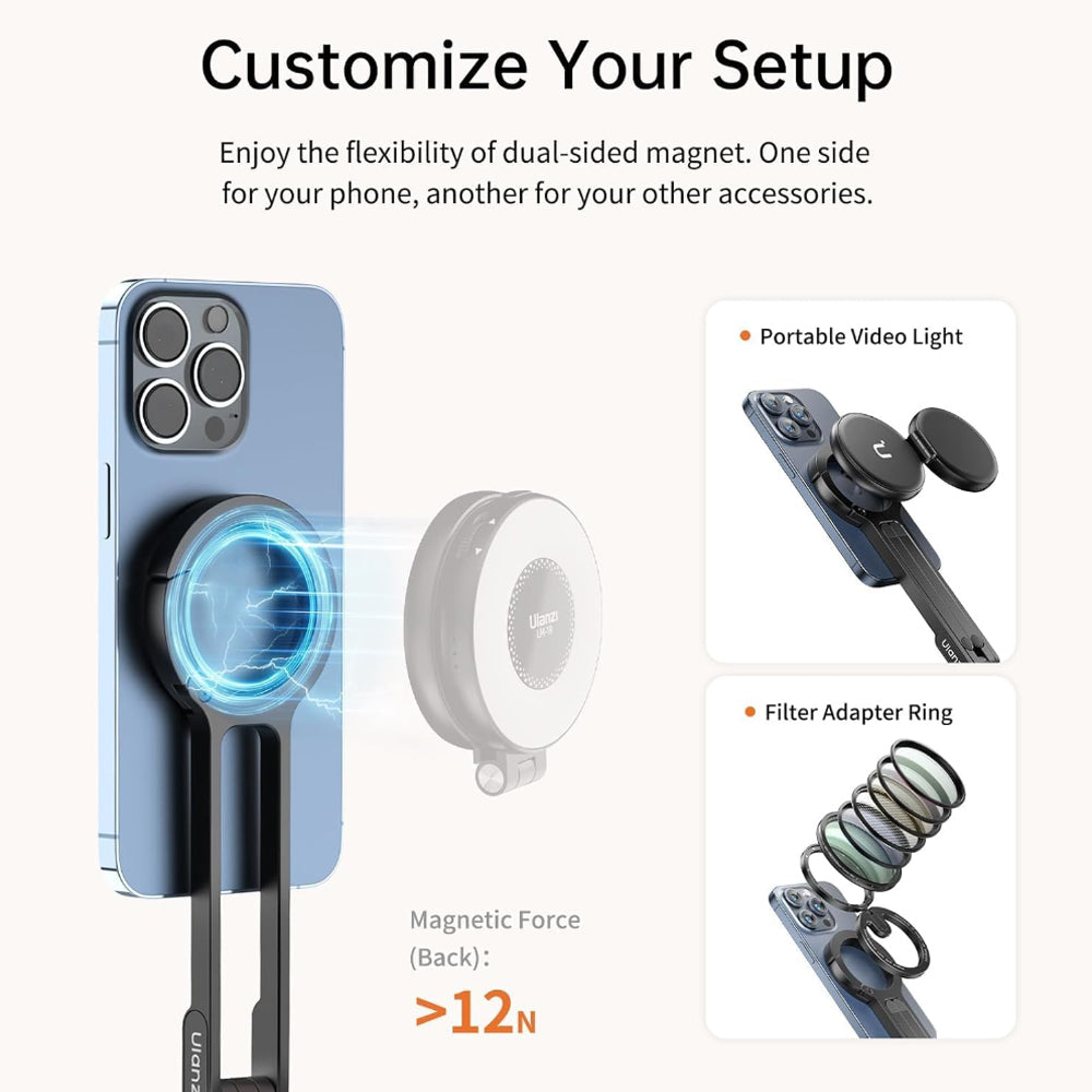 Ulanzi MA30 Foldable Portable Dual MagSafe Smartphone Tripod with Carabiner Mounted Hook for iPhone 12 - 15 / 16 Pro Max - Live Streaming, Online Meeting, Vlogging and Action Photography | M056, M060, M076, M077