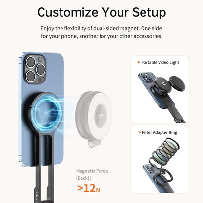 Ulanzi MA30 Foldable Portable Dual MagSafe Smartphone Tripod with Carabiner Mounted Hook for iPhone 12 - 15 / 16 Pro Max - Live Streaming, Online Meeting, Vlogging and Action Photography | M056, M060, M076, M077