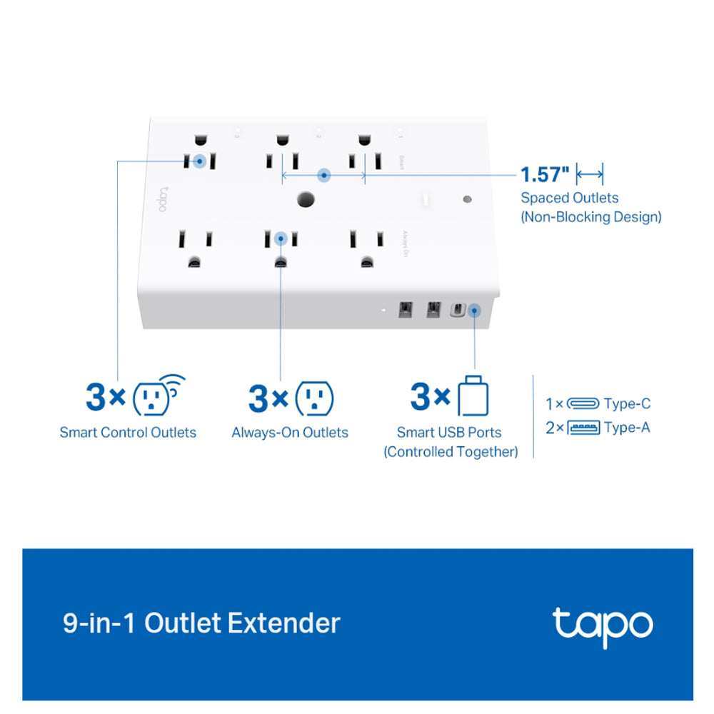 TP-Link TAPO P306 9 in 1 SMART WIFI Outlet Extender with PD 18W USB Type-C and QC 3.0 USB-A Ports, Smart NIght Light, Voice Control and Remote Controlled via Mobile App