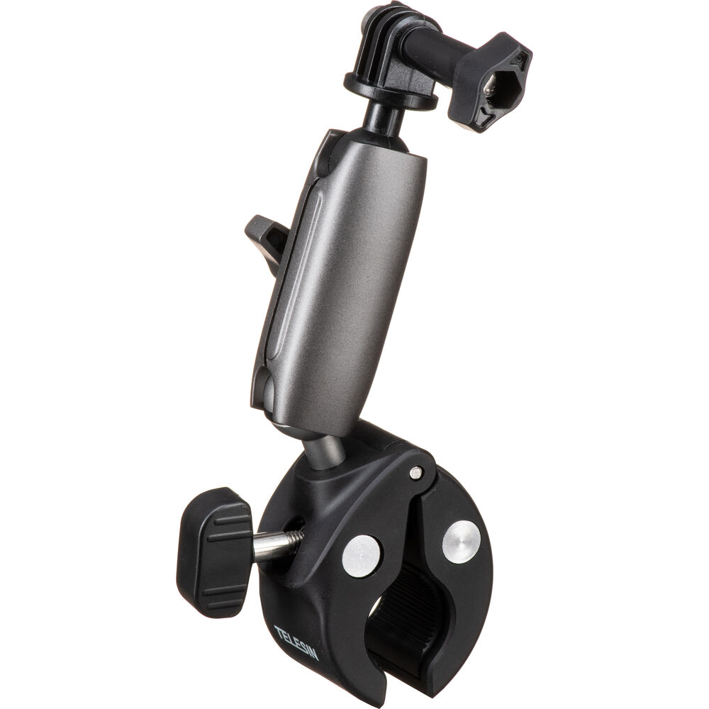 TELESIN Bike & Motorcycle Crab Claw Style Clamp Pipe Mount with Dual 360° Ball Head Swivel Joint, Anti Slip Rubber Grip and Adjustable Angle Lock for Action Cameras
