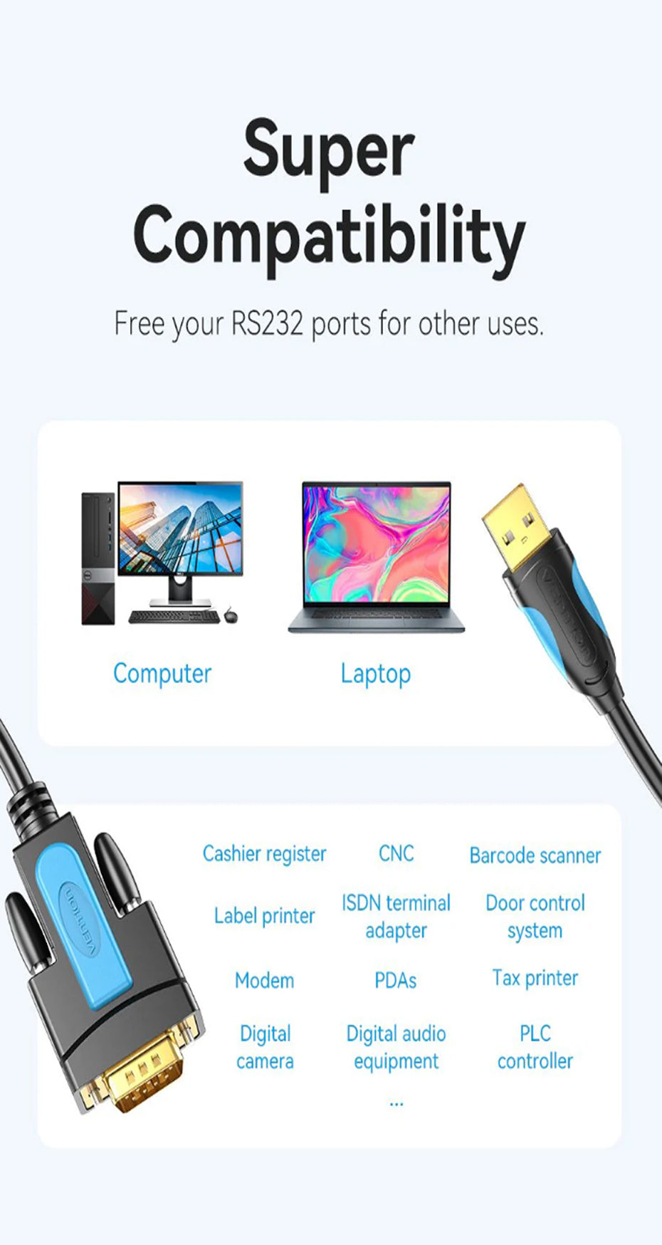 Vention USB to RS32 Serial Converter Cable with Gold Plated Male to Male Connectors for Computer Laptop Cash Register Barcode Scanner Label Printer Modem