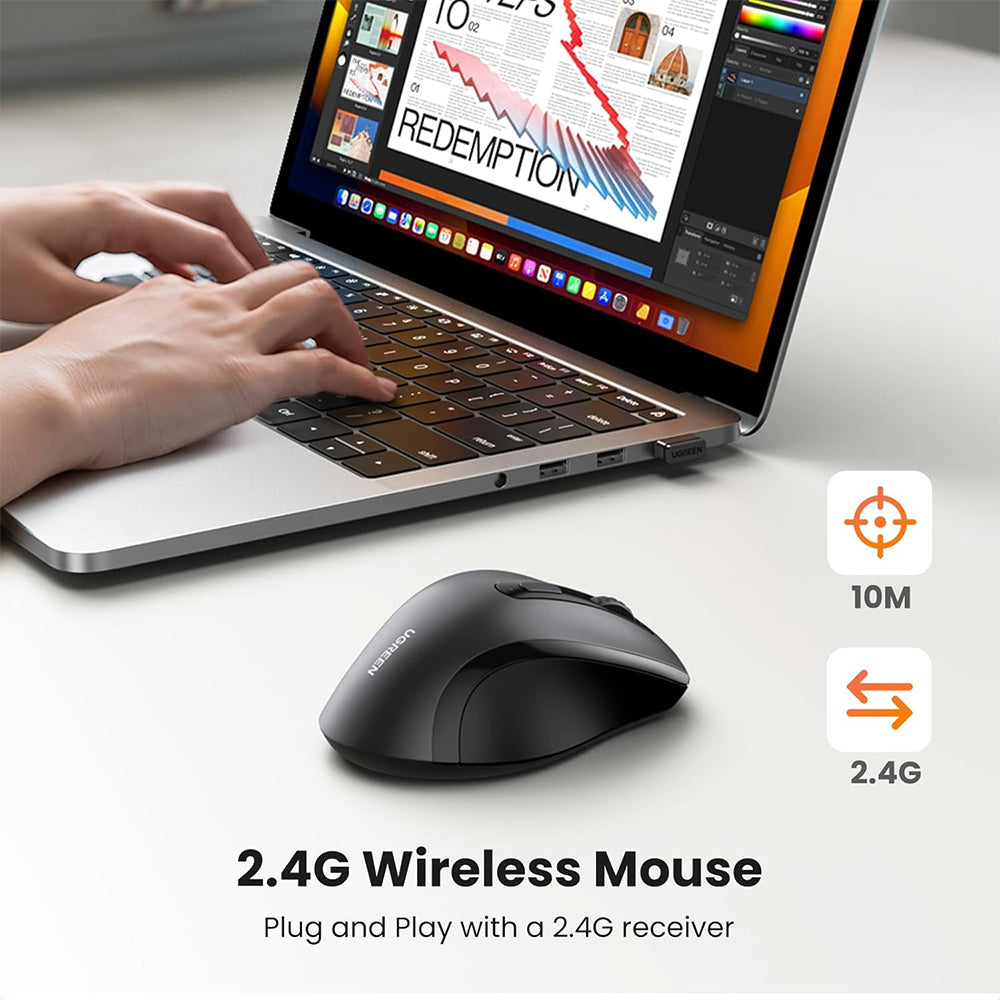 UGREEN 2.4GHz Wireless Mouse – Ergonomic Silent USB Mouse w/ 3 Adjustable DPI 800/1200/1600