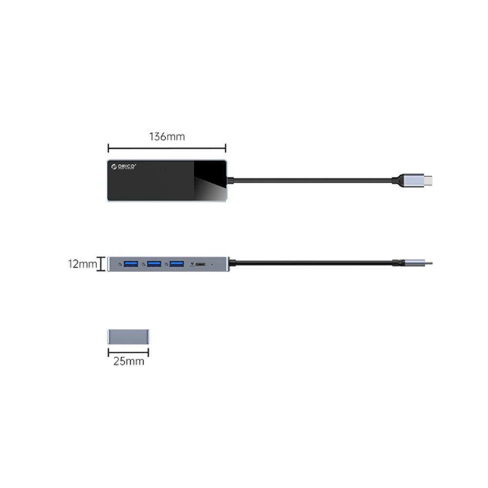 [CLEARANCE] ORICO Type C 4 in 1 Hub Compact and Portable Aluminum Alloy + ABS with 10Gbps Transfer Rate Type C USB 3.2 USB A x 3 PD 100W Drive Free Fast Cooling High-Performance Zero-Latency for Windows Mac OS Linux iPad | DH-3U1C
