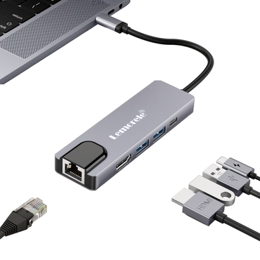 LEMORELE TC15 5 in 1 USB-C Multiport Hub Adapter with HDMI 4K30Hz Dual USB-A 480Mbps RJ45 and USB Type-C PD 60W Ports
