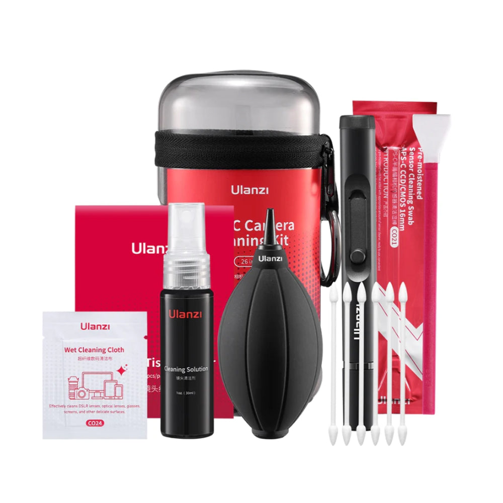 [CLEARANCE] Ulanzi CO28 26 in 1 Full Frame Camera Cleaning Kit with Pre-Moistened Cleaning Swab, Cloth, Alcohol Free Spray Solution, Air Blower, Lens Pen Pro and Cotton Swabs with Round Case | C061GBB1