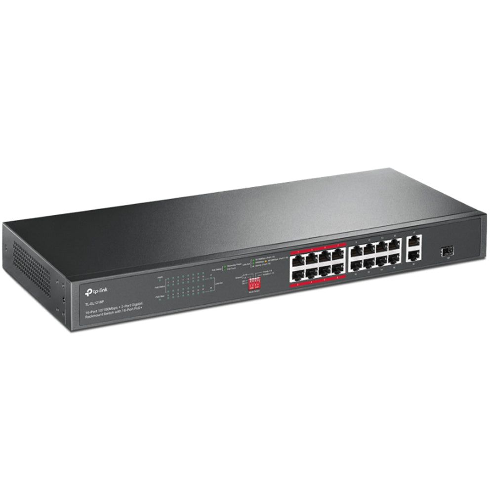 TP-Link 16 Port 10/100 Mbps + 2-Port Gigabit Rackmount Switch 250W / 150W Ethernet Hub with 16-Port PoE+, 2x Combo SFP Slots (Unmanaged) PoE Transmission for Surveillance Up to 250m, Priority Mode for Port 1-8, Isolation Mode | TL-SL1218MP, TL-SL1218P