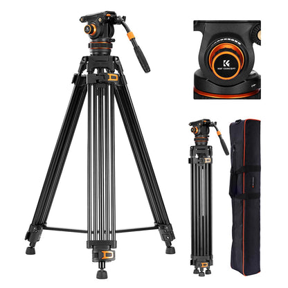 K&F Concept 360 Degree Fluid Head 3-Section Professiol Video Tripod with 10kg / 8kg Max Load Capacity, 1.9m Max Height, Hydraulic Dampening Panoramic / Tilt and 1/4" 3/8" Threaded Mounts for DSLR Mirrorless Cameras | VA3+BV10 VA3+BV20