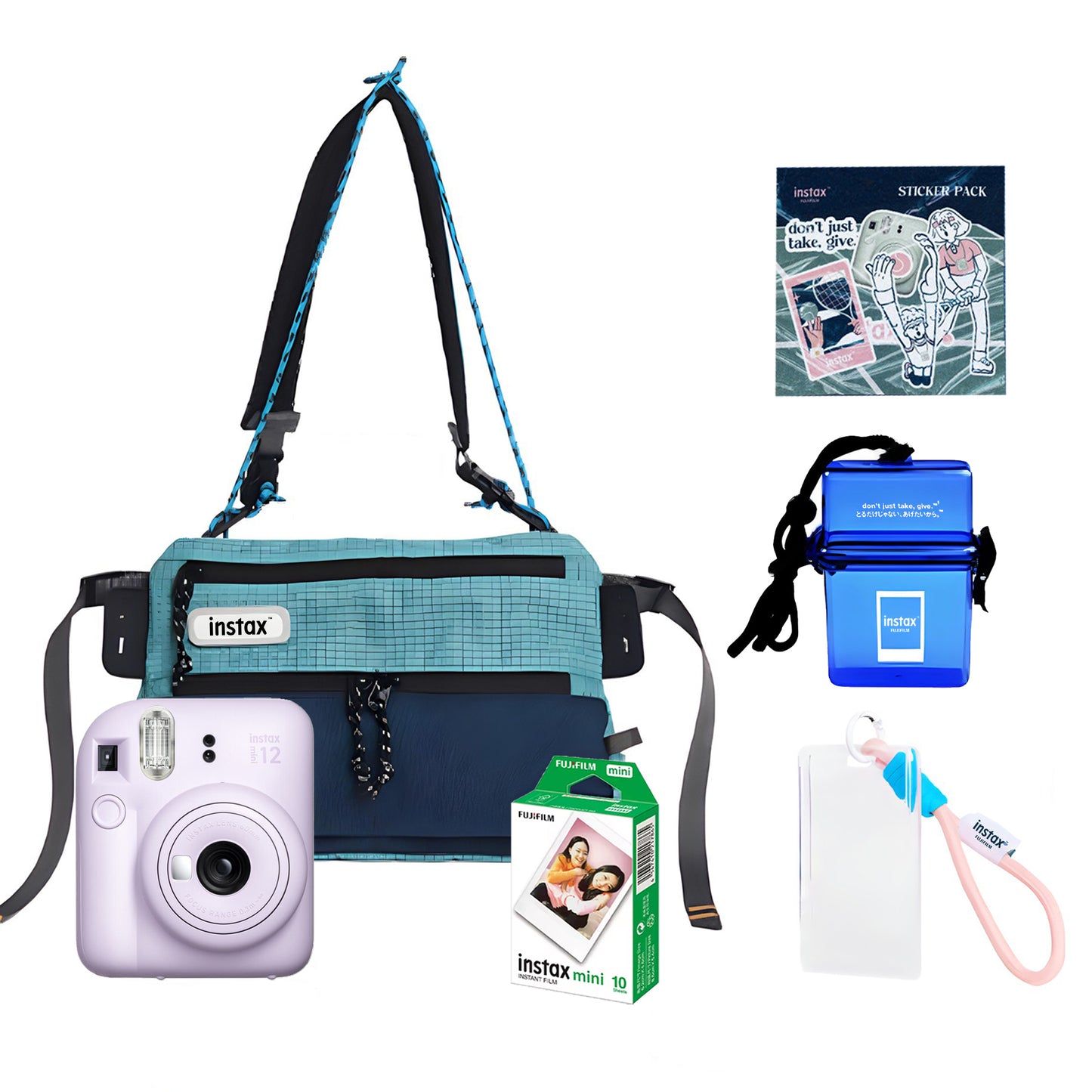 FUJIFILM Instax Mini 12 Instant Camera Club Kit Bundle Pack with Mini Glossy Film 10s, Sling Bag, Waterproof Case, Keychain Photo Holder and Sticker Pack | Blue Green Pink Purple White